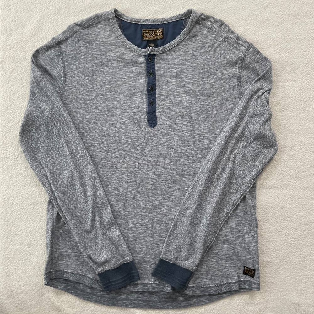 Lucky Brand Twisted Slub Henley Shirt Men's Sz Large Gray Blue Long-Sleeve Gorp